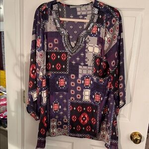 NWOT Valerie Stevens Large Womens blouse Sequins & Purple Patterned Top